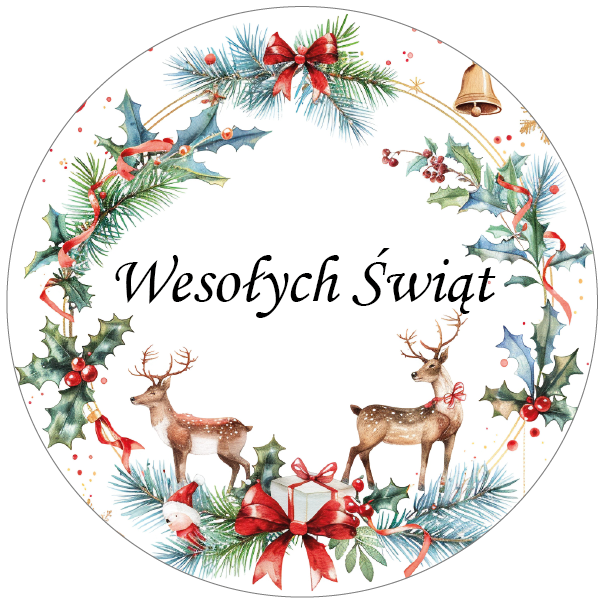 Naklejki świąteczne – Wesołych Świąt z reniferami i ozdobnym wieńcem 🎄🦌