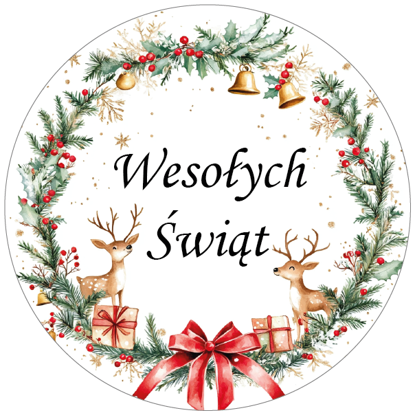 Naklejki świąteczne – Wesołych Świąt z wieńcem, reniferami i prezentami 🎄🦌🔔