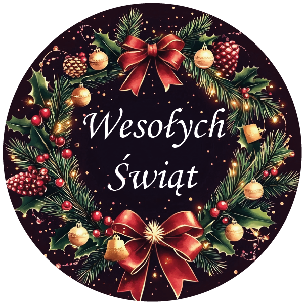 Naklejki świąteczne – Wesołych Świąt z czerwono - złotym wieńcem na ciemnym tle 🎄✨