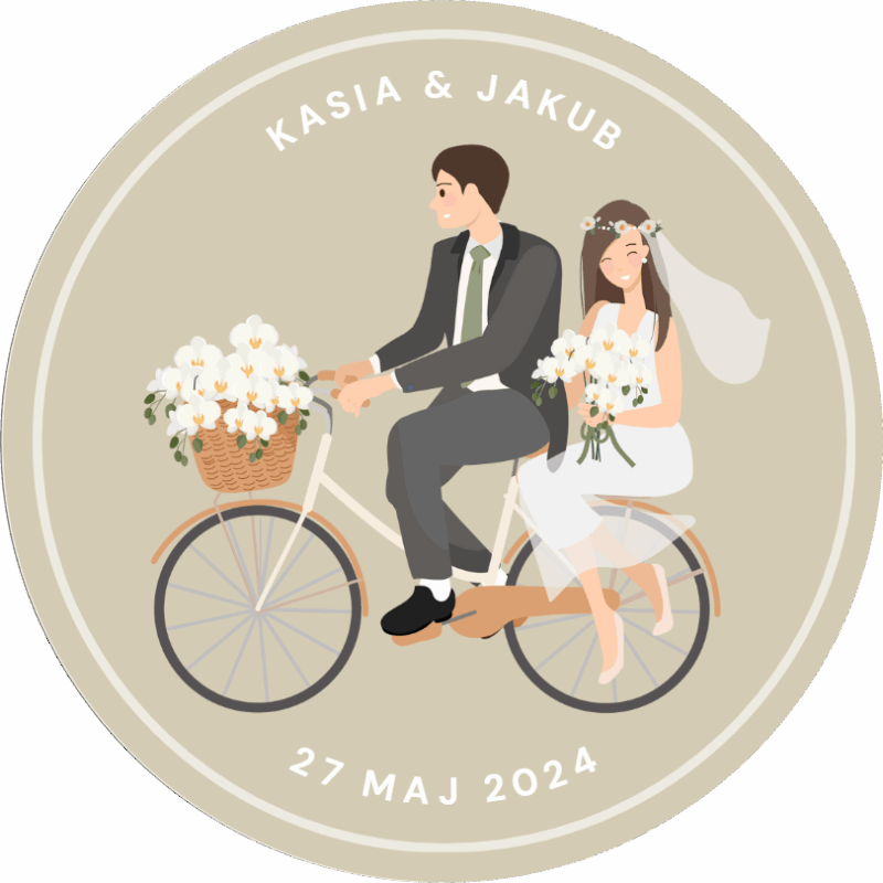 Naklejki ślubne personalizowane – Para Młoda na rowerze, etykiety na wesele