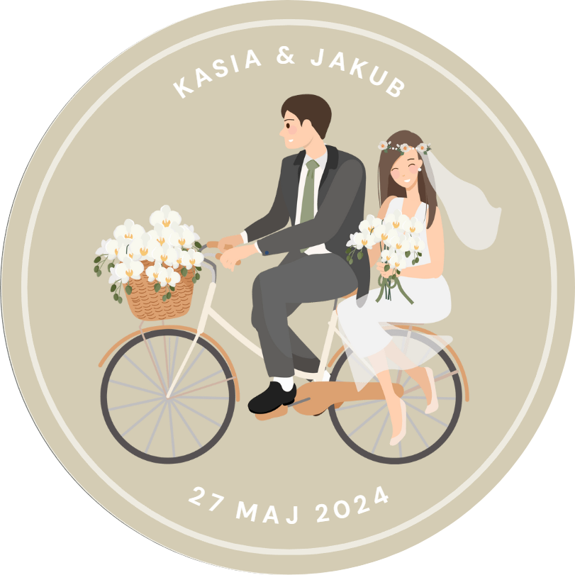 Naklejki ślubne personalizowane – Para Młoda na rowerze, etykiety na wesele