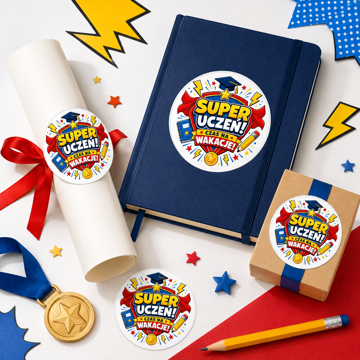 Naklejki na zakończenie roku szkolnego Super uczeń! Czas na wakacje! okrągłe etykiety z motywem superbohatera - obrazek 2