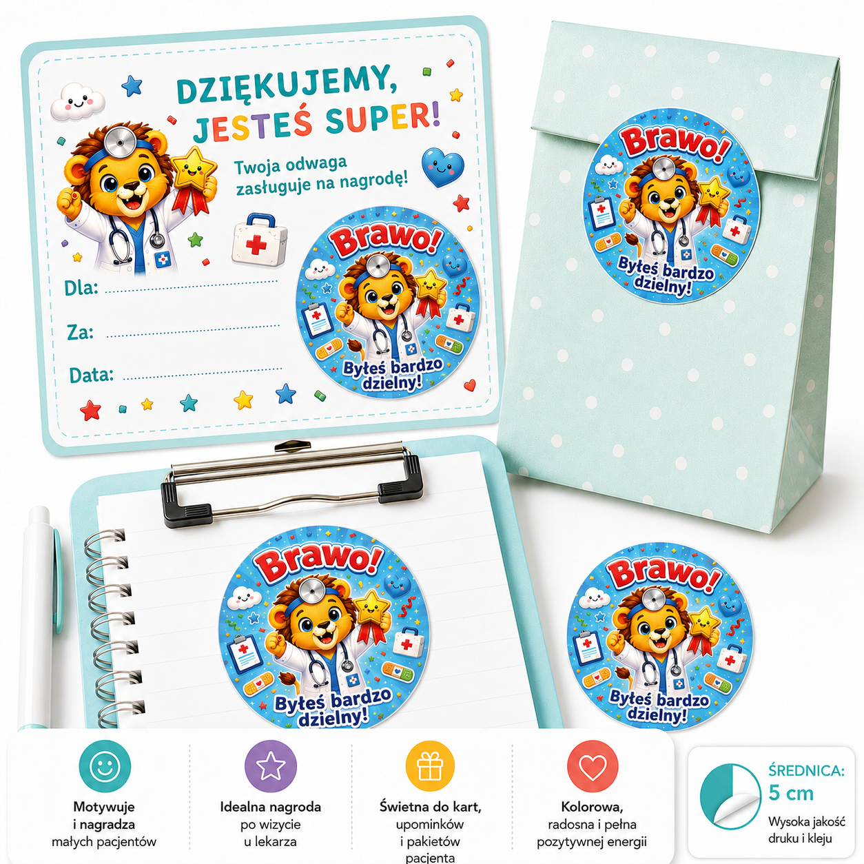 naklejki dzielny pacjent Brawo z lwem lekarzem