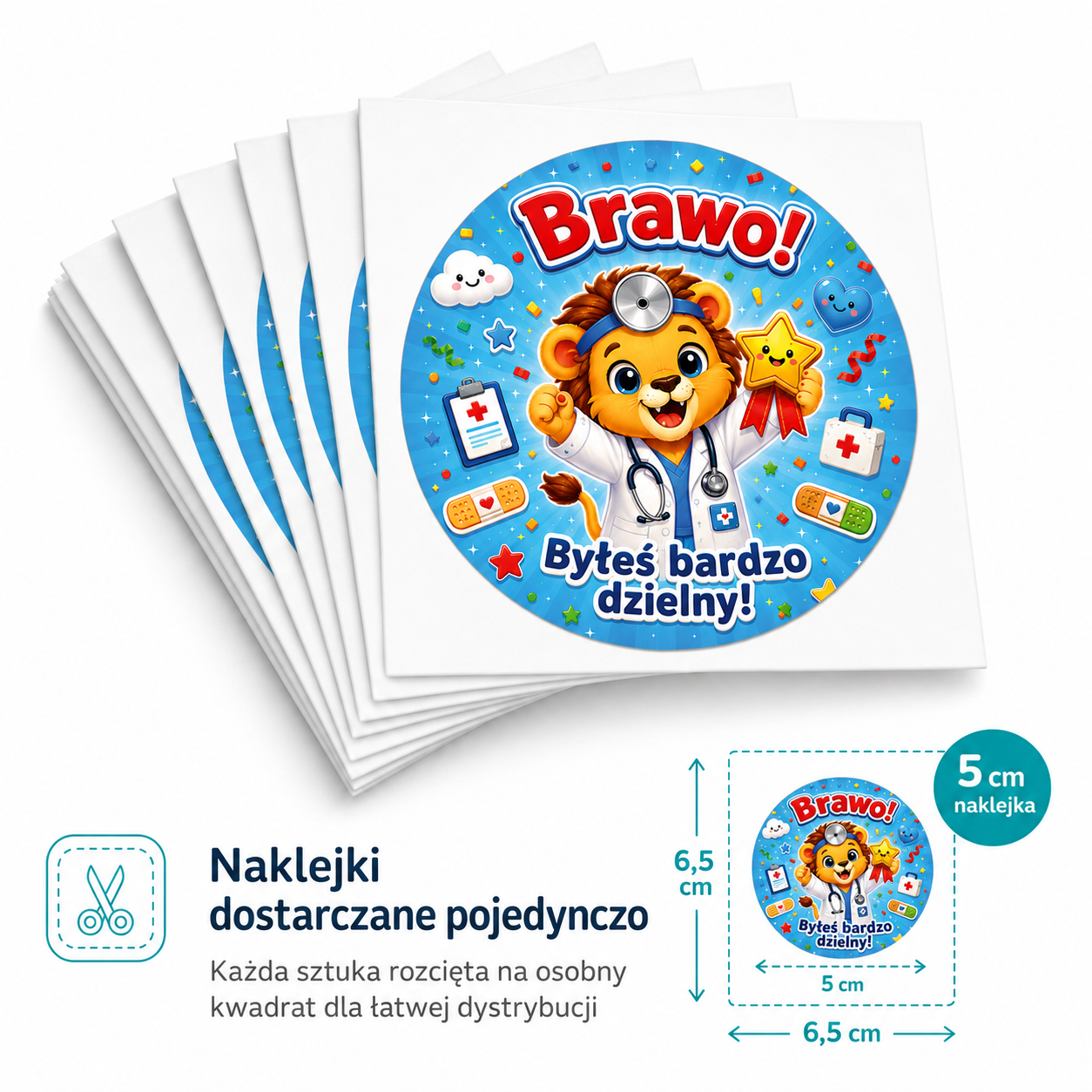 naklejki dzielny pacjent Brawo z lwem lekarzem