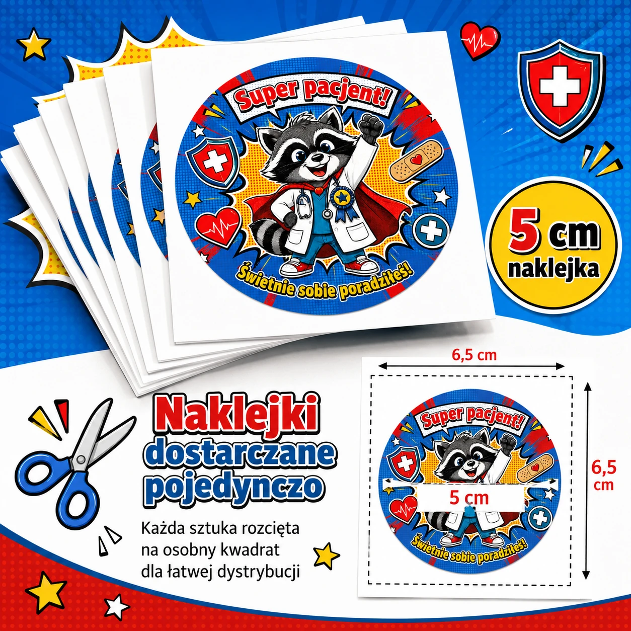 naklejki dzielny pacjent Super pacjent z szopem lekarzem