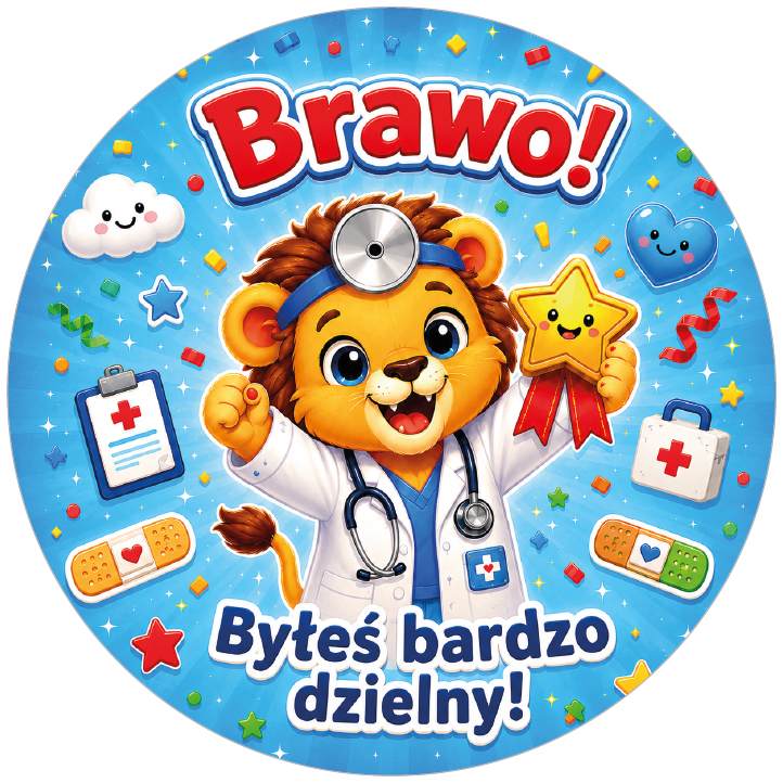 naklejki dzielny pacjent Brawo z lwem lekarzem
