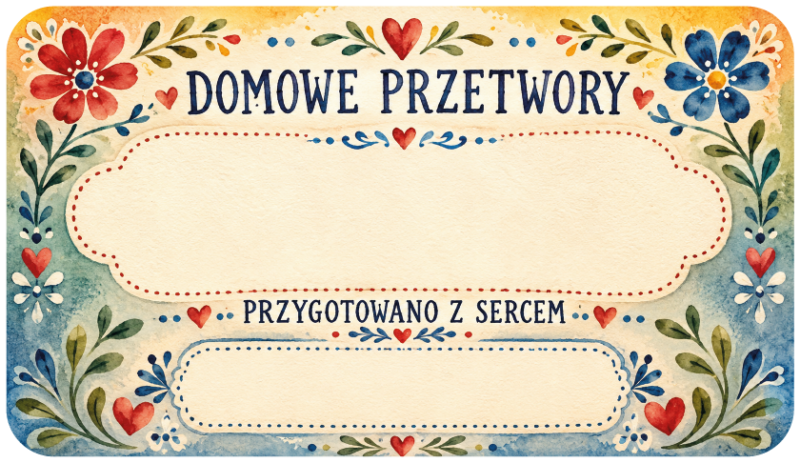Etykiety na domowe przetwory przygotowano z sercem folkowe