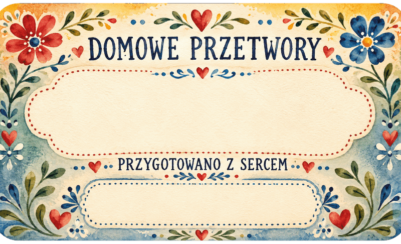 Etykiety na domowe przetwory przygotowano z sercem folkowe