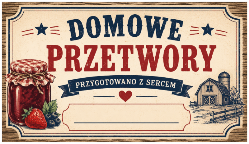Etykiety na domowe przetwory przygotowano z sercem wiejskie