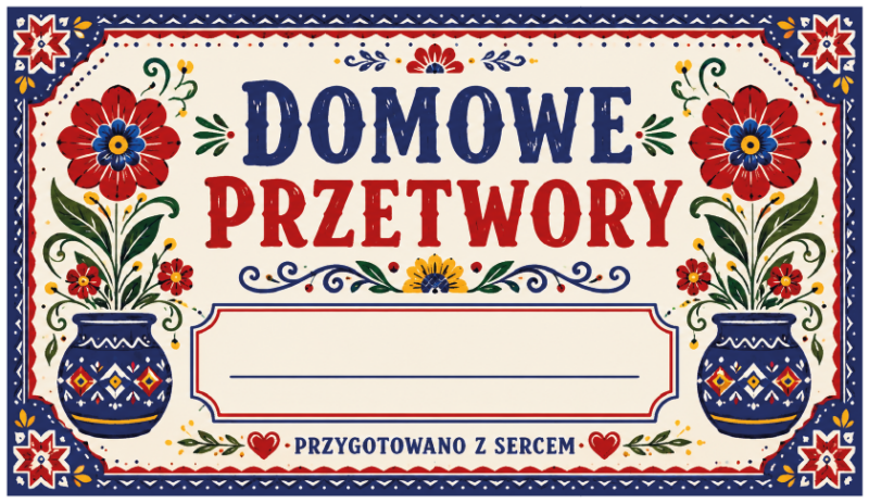 Etykiety na domowe przetwory przygotowano z sercem folkowe z wazonami