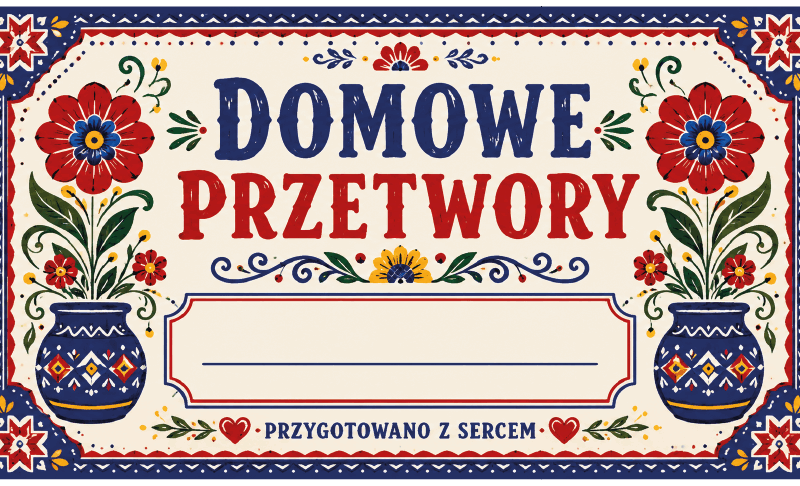 Etykiety na domowe przetwory przygotowano z sercem folkowe z wazonami