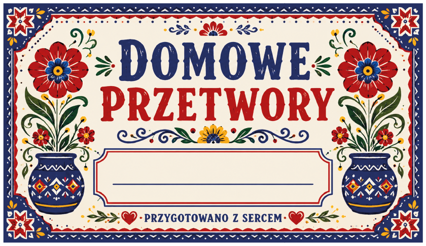 Etykiety na domowe przetwory przygotowano z sercem folkowe z wazonami