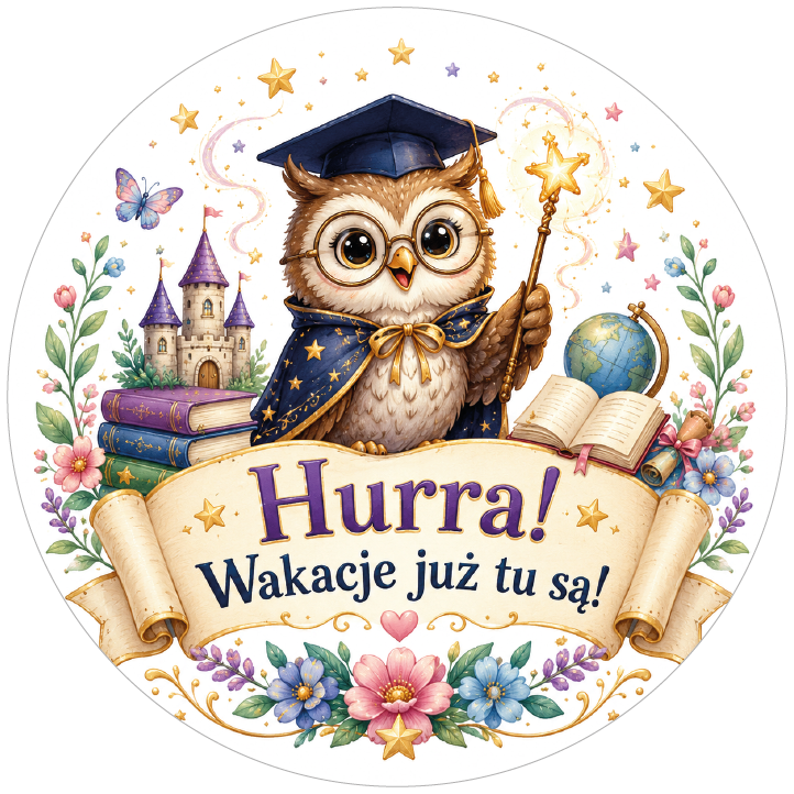 Naklejki na zakończenie roku szkolnego Hurra! Wakacje już tu są! okrągłe etykiety z sową dla uczniów
