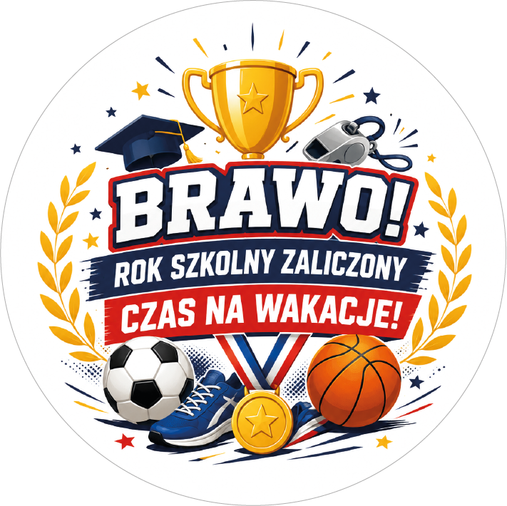 Naklejki na zakończenie roku szkolnego sportowe etykiety dla uczniów Brawo! Rok szkolny zaliczony. Czas na wakacje!