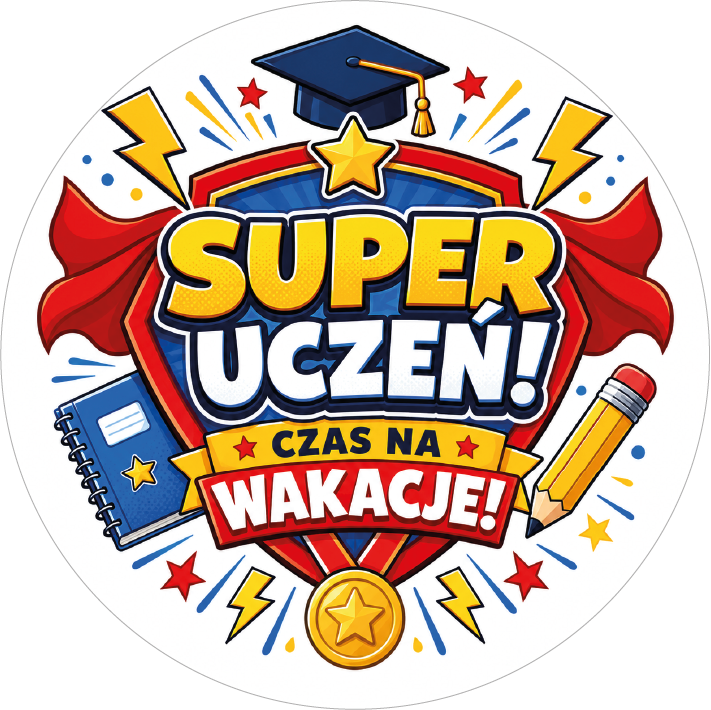 Naklejki na zakończenie roku szkolnego Super uczeń! Czas na wakacje! okrągłe etykiety z motywem superbohatera