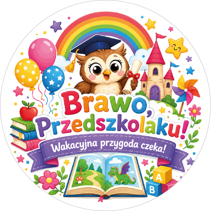 Naklejki na zakończenie przedszkola Brawo, Przedszkolaku! Wakacyjna przygoda czeka! okrągłe etykiety dla dzieci