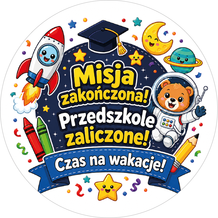 Naklejki na zakończenie przedszkola Misja zakończona! Przedszkole zaliczone! Czas na wakacje! okrągłe etykiety dla dzieci