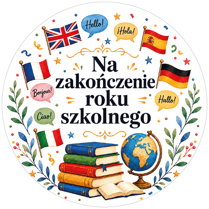 Naklejki na zakończenie roku szkolnego etykiety dla klasy językowej i szkoły języków obcych