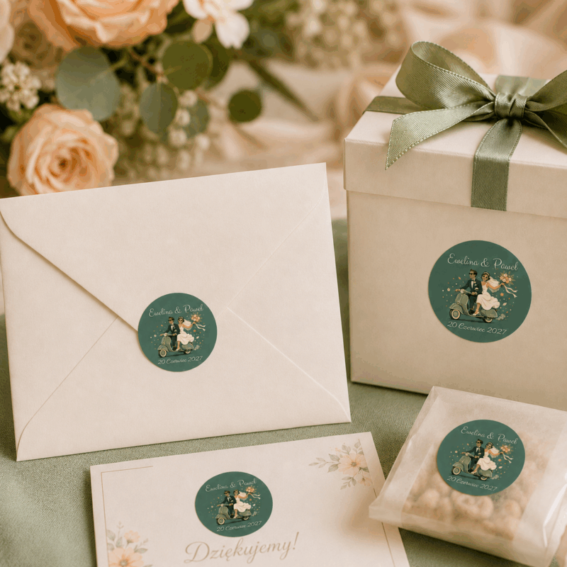 Naklejki ślubne personalizowane para młoda skuter retro naklejki ślubne personalizowane para młoda na skuterze retro