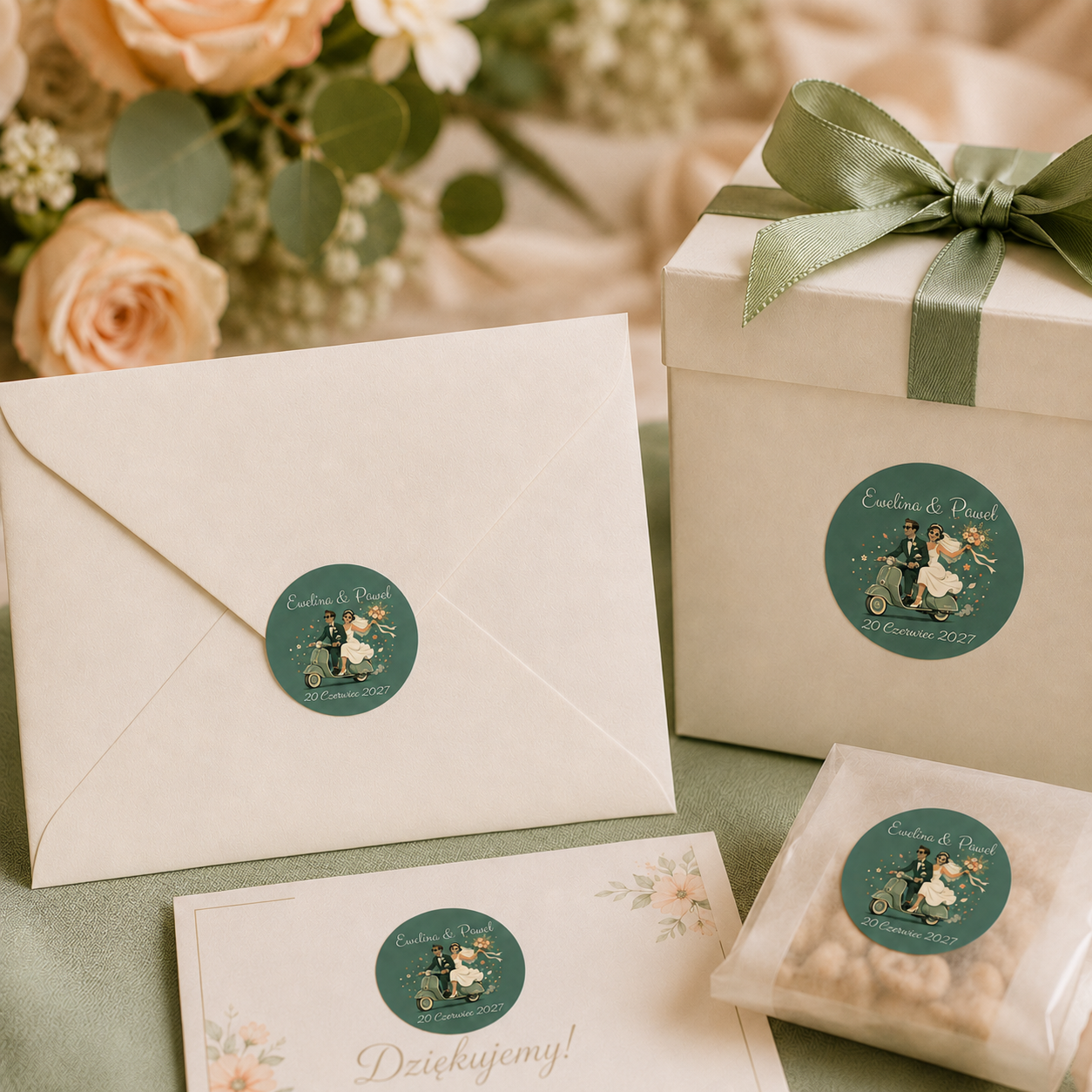naklejki ślubne personalizowane para młoda na skuterze retro