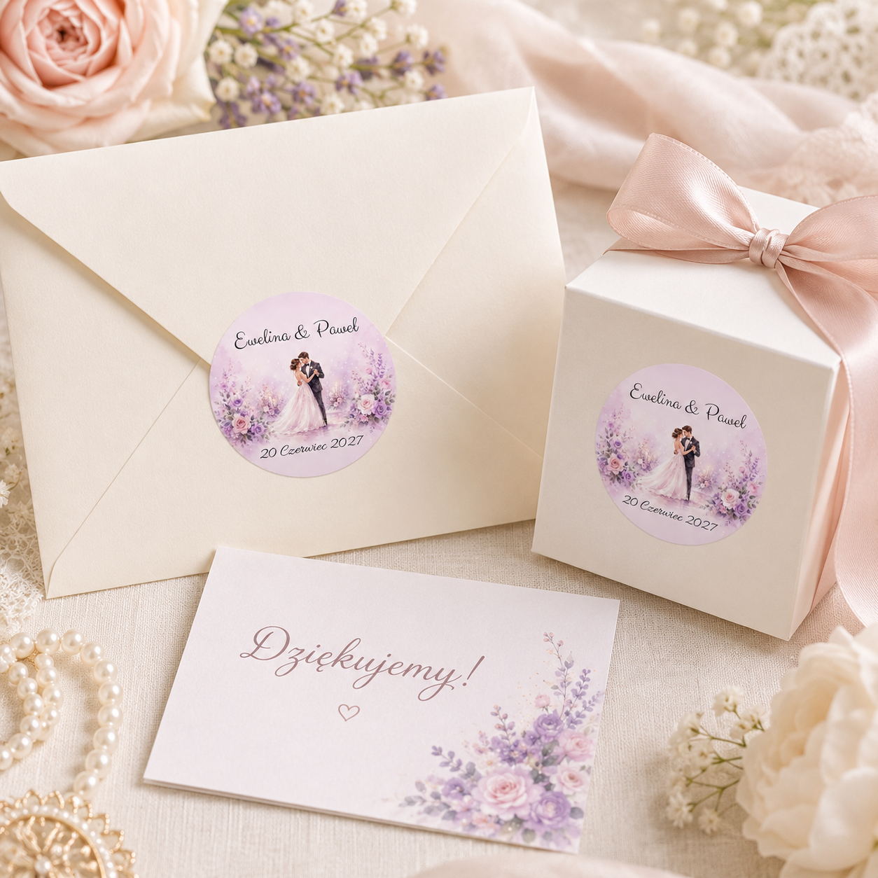 naklejki ślubne personalizowane para młoda w pastelowych kwiatach
