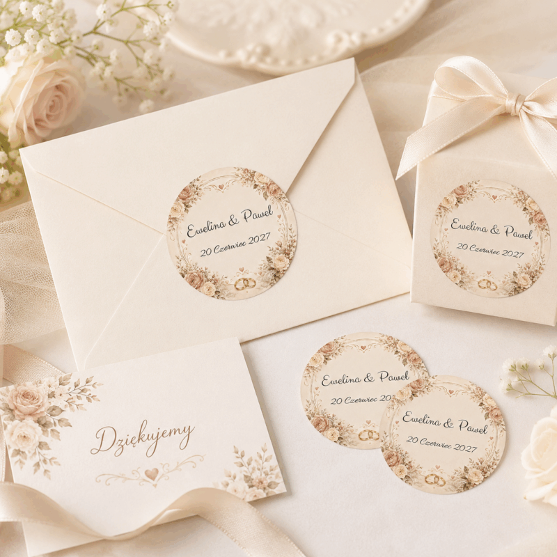 Naklejki ślubne personalizowane obrączki kwiatowa ramka