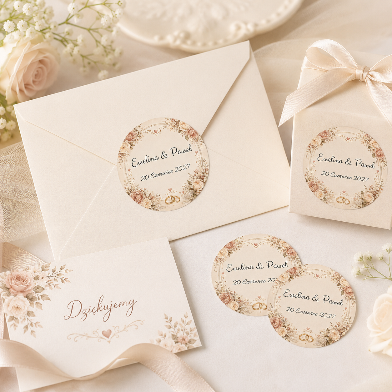 Naklejki ślubne personalizowane z obrączkami i kwiatową ramką - obrazek 2