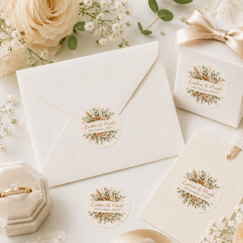 Naklejki ślubne personalizowane boho kwiaty zieleń naklejki ślubne personalizowane boho kwiaty i zieleń