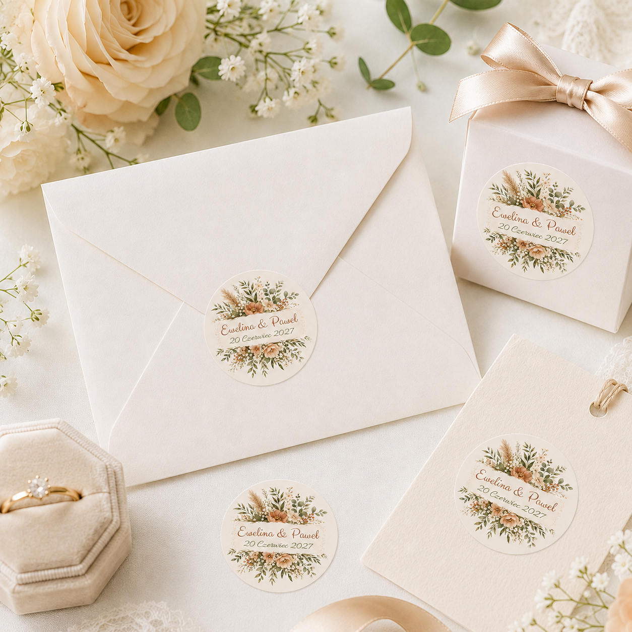 naklejki ślubne personalizowane boho kwiaty i zieleń