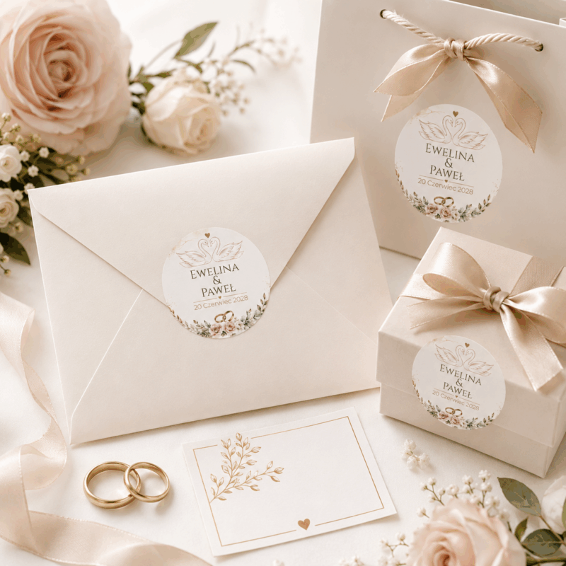 Naklejki ślubne personalizowane łabędzie kwiaty naklejki ślubne personalizowane z łabędziami i kwiatami