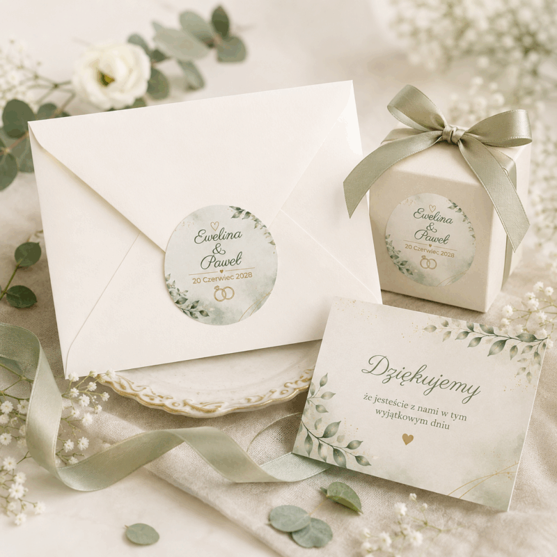 Naklejki ślubne personalizowane eukaliptus obrączki naklejki ślubne personalizowane eukaliptus i obrączki