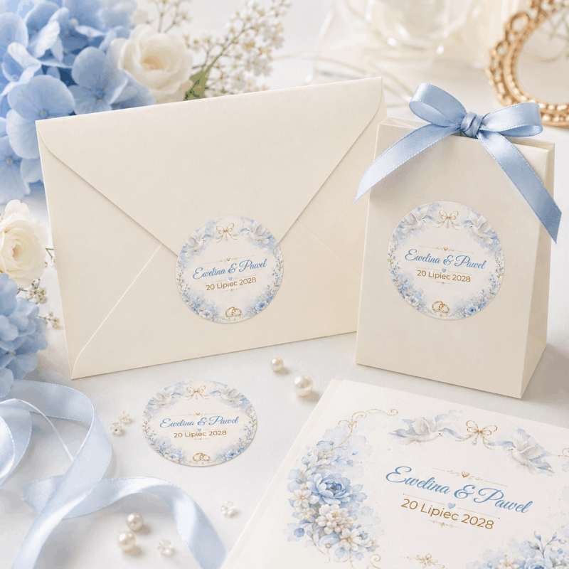 Naklejki ślubne personalizowane gołębie błękitne kwiaty naklejki ślubne personalizowane gołębie i błękitne kwiaty