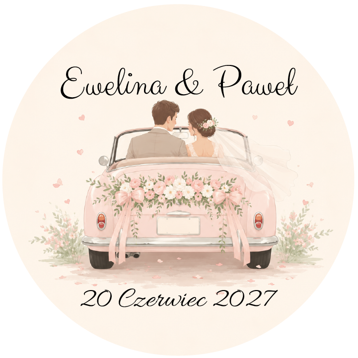 naklejki ślubne personalizowane para młoda w aucie retro