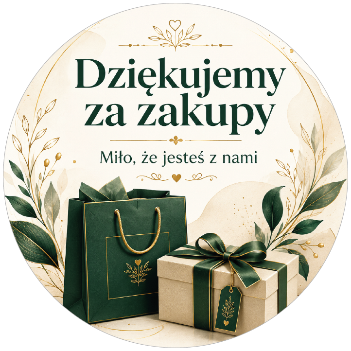 naklejki dziękujemy za zakupy zielona torba i złote listki