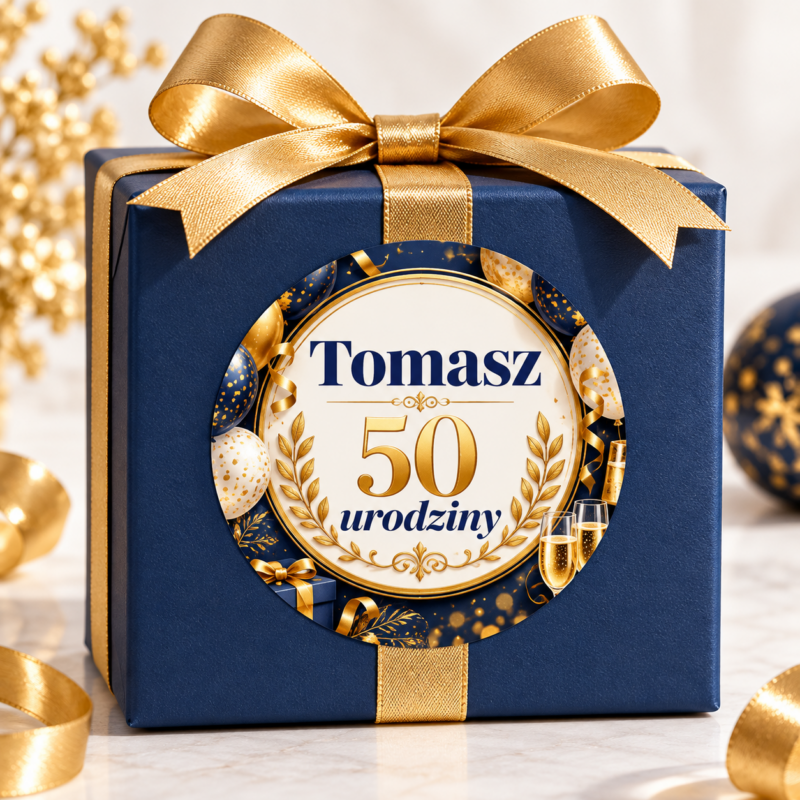 naklejki urodzinowe personalizowane granatowo-złota gala