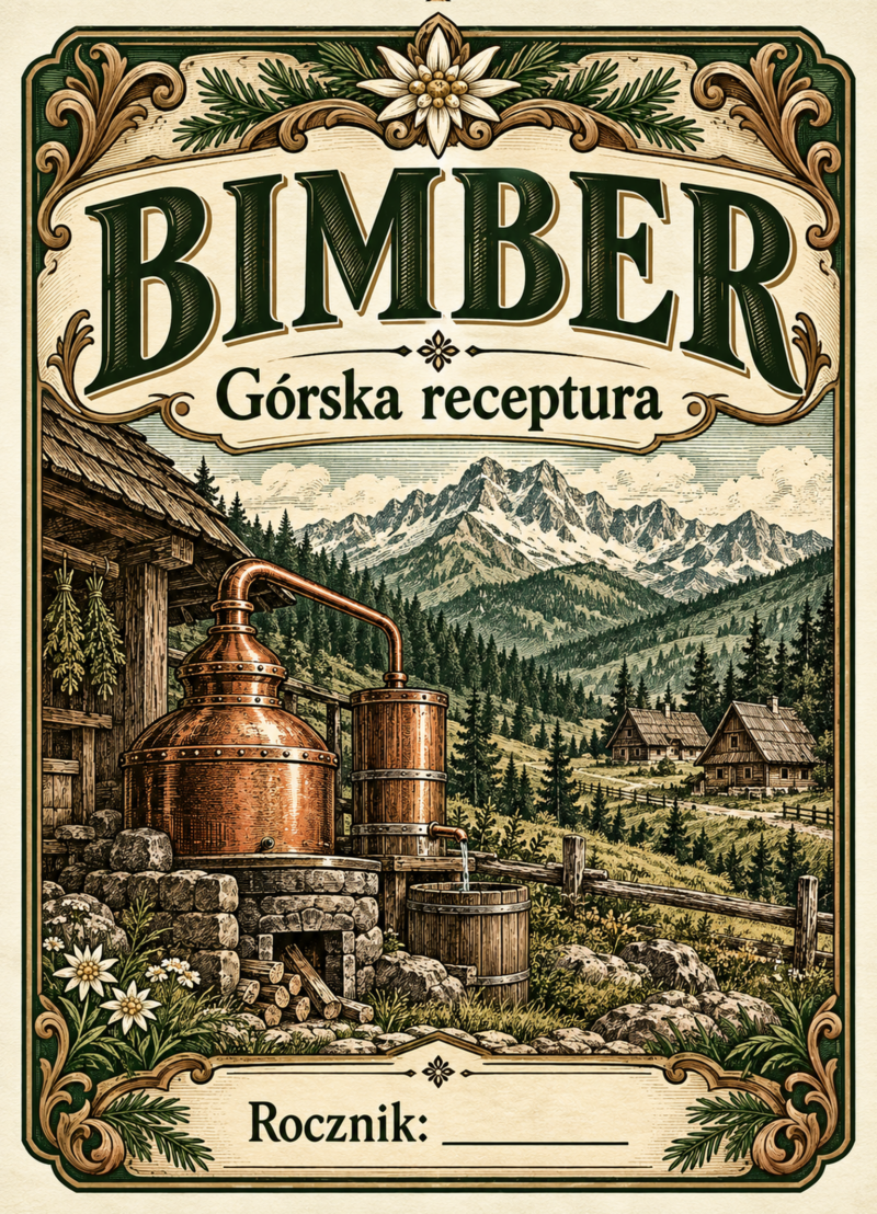 Etykiety na bimber – Bimber – Górska receptura