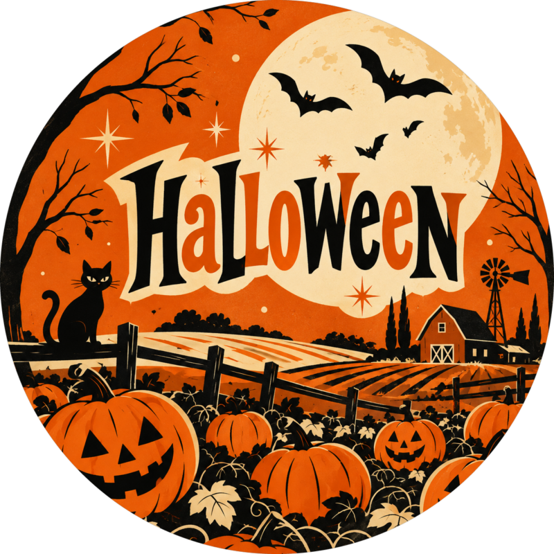 Naklejki na Halloween retro kot na polu dyń
