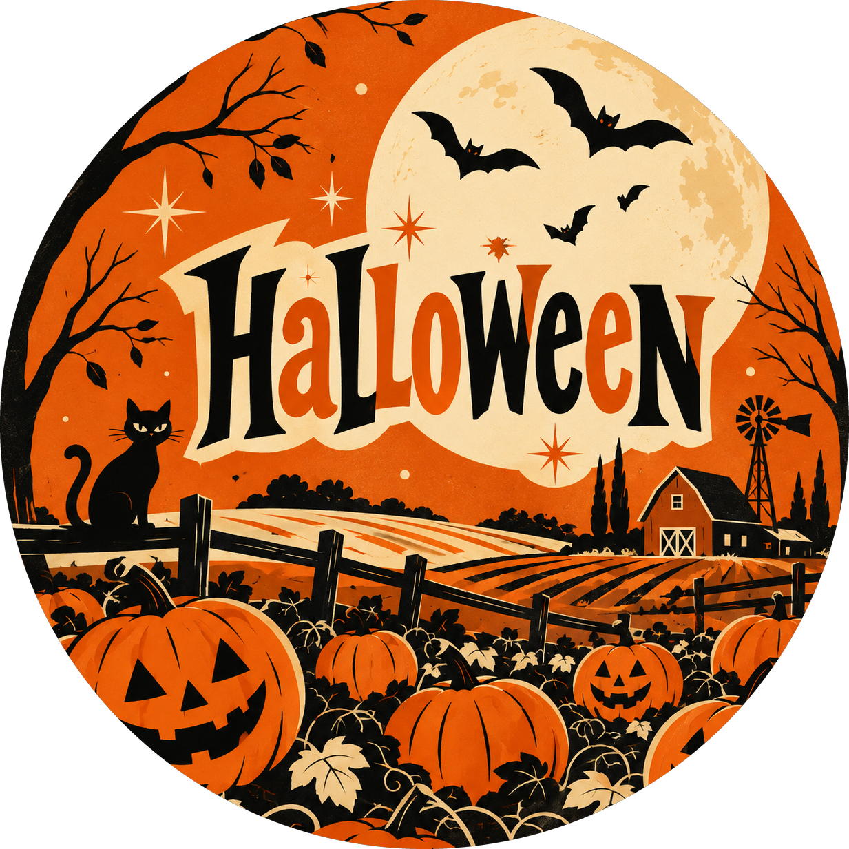 Naklejki na Halloween retro kot na polu dyń
