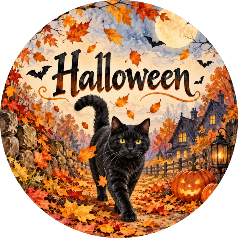 Naklejki na Halloween akwarelowy czarny kot