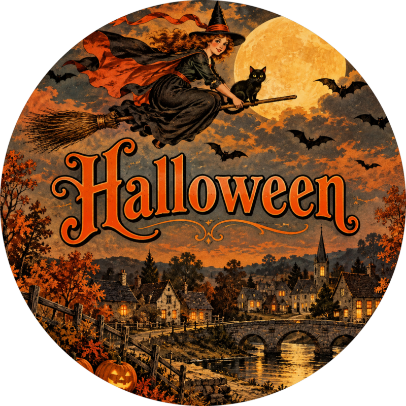 Naklejki na Halloween vintage czarownica na miotle