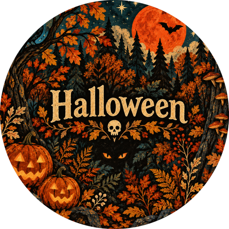 Naklejki na Halloween mroczny las z dyniami