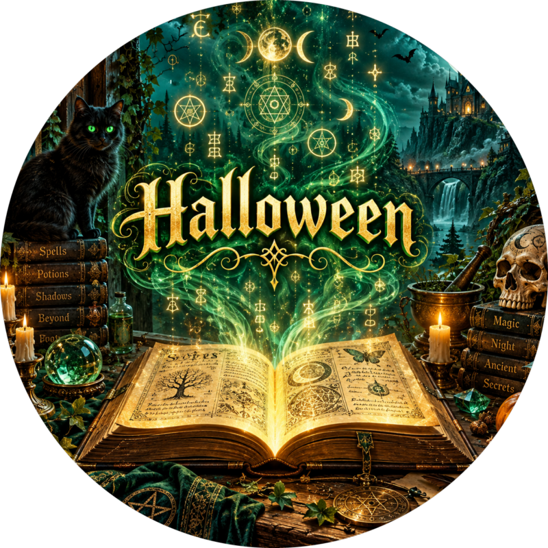 Naklejki na Halloween magiczna księga zaklęć