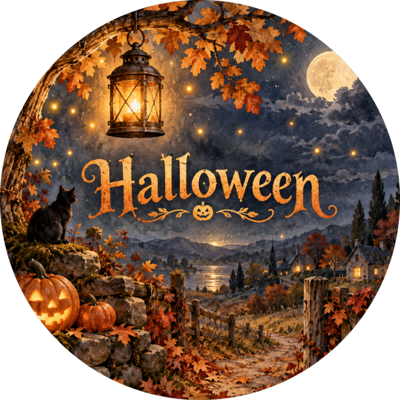 Naklejki na Halloween lampion na jesiennej ścieżce