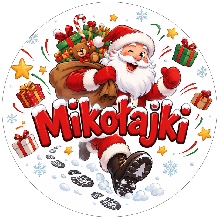naklejki na Mikołajki biegnący mikołaj