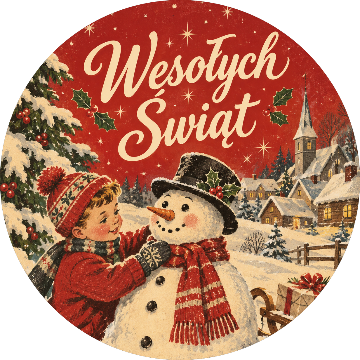 naklejki na boże narodzenie retro bałwanek z dzieckiem w miasteczku