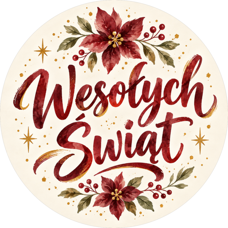 naklejki na boże narodzenie kwiaty poinsecji na kremowym tle z napisem Wesołych Świąt