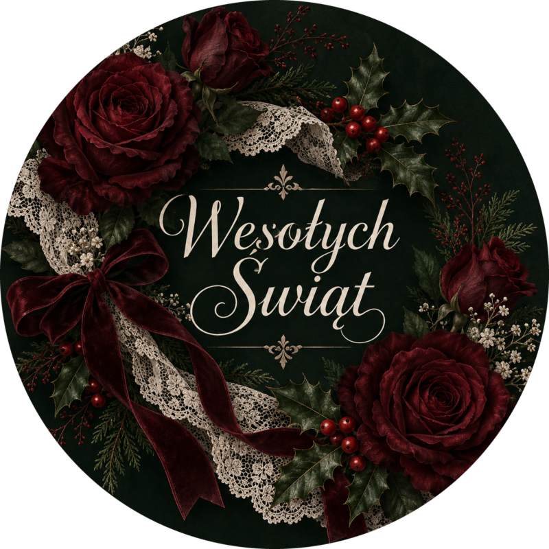 naklejki na boże narodzenie elegancki wieniec z bordowymi różami