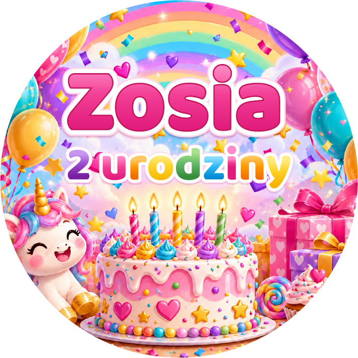 naklejki urodzinowe personalizowane tęczowy jednorożec i tort