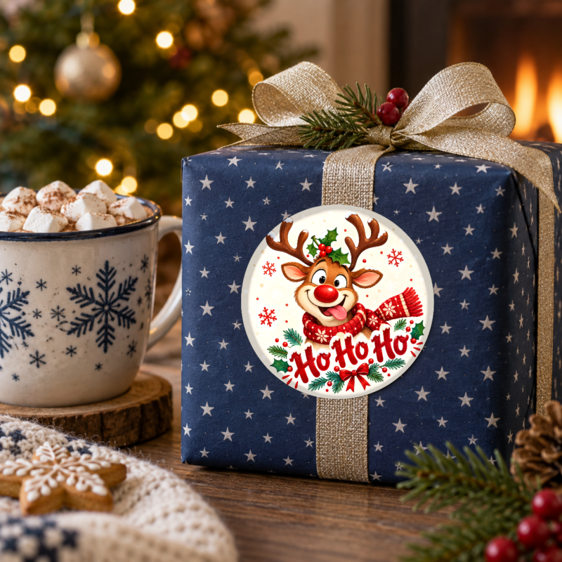 naklejki na boże narodzenie uśmiechnięty renifer z napisem Ho Ho Ho