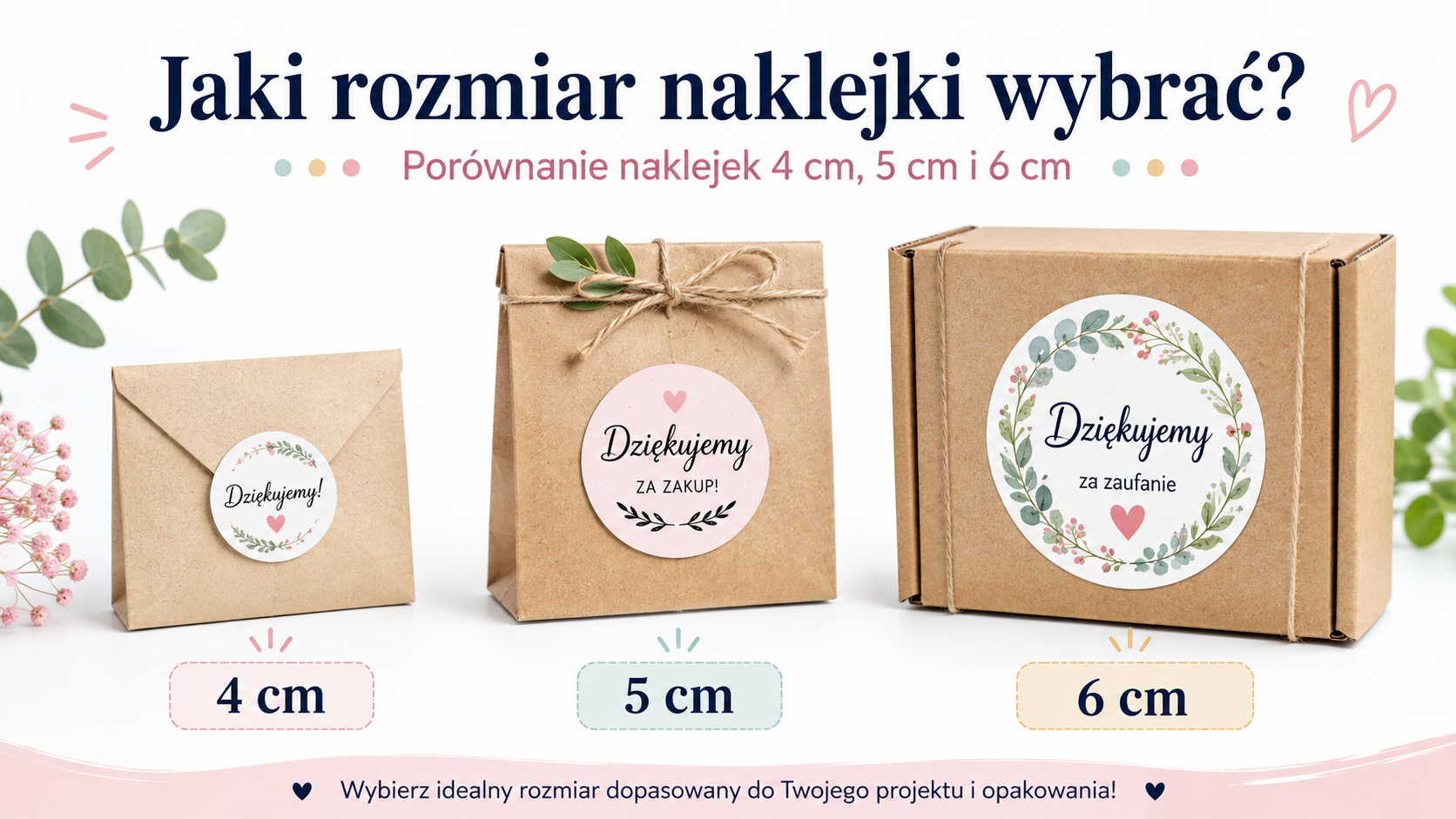 Porównanie rozmiarów naklejek 4 cm, 5 cm i 6 cm